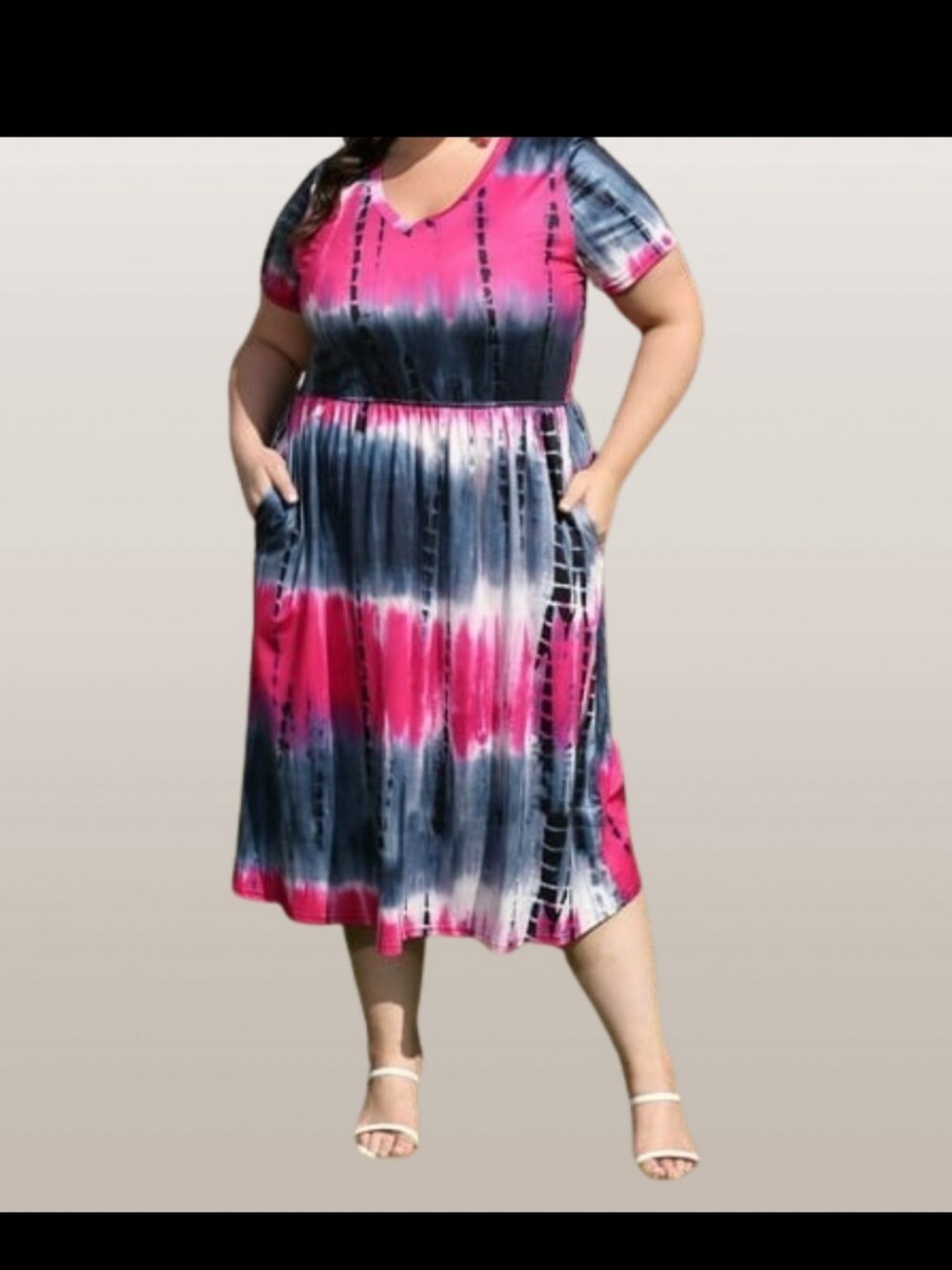 Plus Size Pink and Black Tie-Dye V-Neck Midi Dress NWT